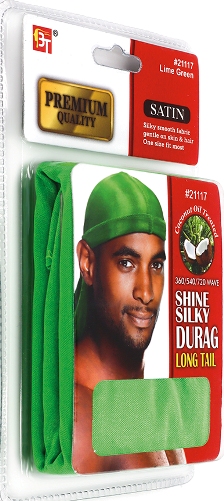 PREMIUM QUALITY COCONUT OIL TREATED SHINE SILKY DURAG WITH LONG TAIL (LIME GREEN) 